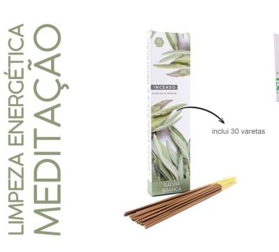 Caixa de incenso com folhas verdes e texto sobre limpeza energética e meditação.