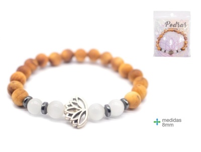 Pulseira : Madeira com Cristal Selenite 8mm