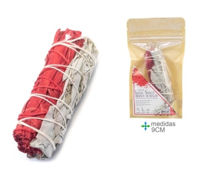 Feixe de sálvia branca e vermelha amarrado e embalado em saco com etiqueta