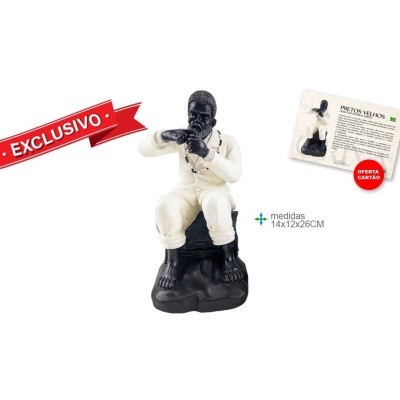 Estátua decorativa de figura sentado a tocar flauta em resina preta e branca