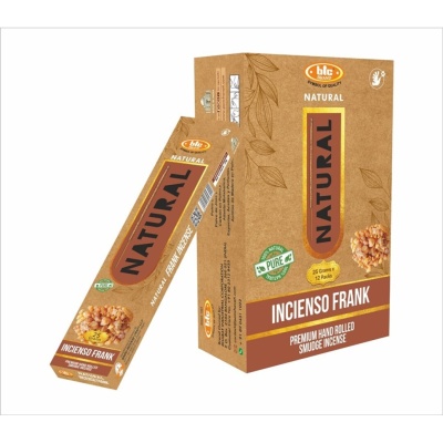 Embalagem de incenso Natural Incenso Frank em cartão castanho com texto e imagem de cones de incenso.