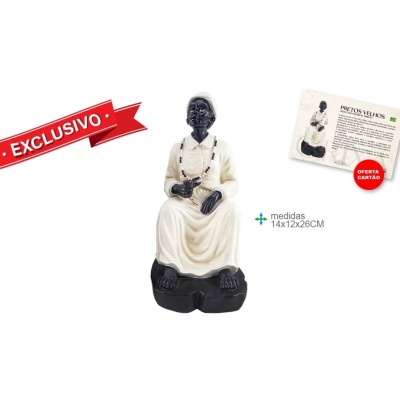 Figura decorativa de senhora negra sentada em roupa branca com base preta