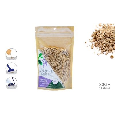 Pacote transparente e bege com grânulos aromáticos Aspira & perfuma lavanda e cânfora
