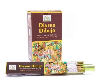 Caixa e pacote de incenso natural Dinero Dibujo com design colorido e varetas de incenso