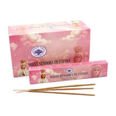 Incensos Nossa Senhora de Fátima com embalagem rosa e imagem da Nossa Senhora de Fátima