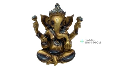 Estátua dourada de Ganesha com quatro braços e detalhes ornamentais