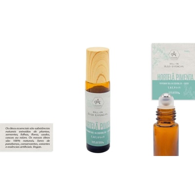 Rolo óleo essencial Hortelã Pimenta Energia frasco vidro âmbar com tampa madeira