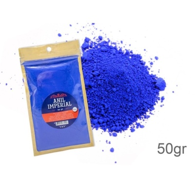 Pó pigmento azul em embalagem plástica com rótulo ANIL IMPERIAL