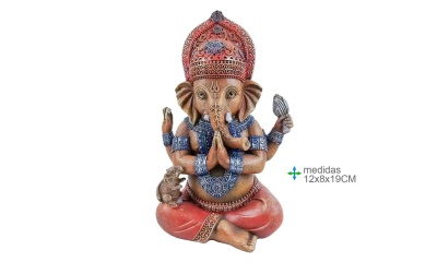 Estátua colorida da deidade Ganesha com quatro braços e rato ao lado.