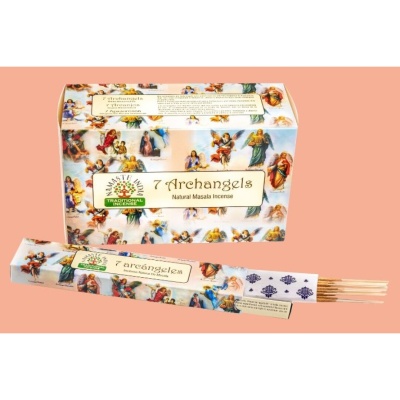 Embalagem de incenso com tema de anjos e texto '7 Archangels Natural Masala Incense'