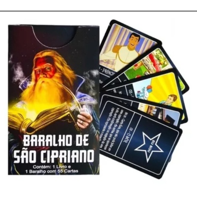Caixa preta de baralho São Cipriano com cartas coloridas visíveis ao lado