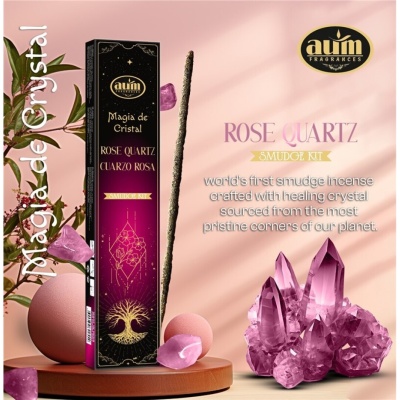 Embalagem preta e rosa de incenso Magia de Cristal Rose Quartz com cristais de quartzo rosa e bastão de incenso