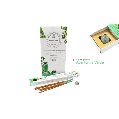 Conjunto de incenso Good Luck com pauzinhos e pedra Aventurina Verde em caixa