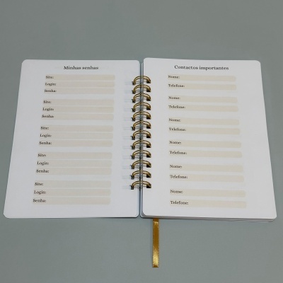 Caderno aberto com páginas para anotar senhas e contactos, com encadernação dourada e fundo cinza.