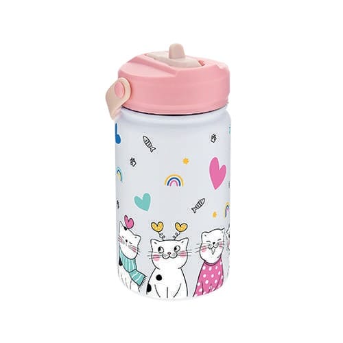 Garrafa térmica infantil com palhinha Gatos 330ml | Aurea Kids Garrafa infantil branca com desenhos de gatos e tampa rosa.