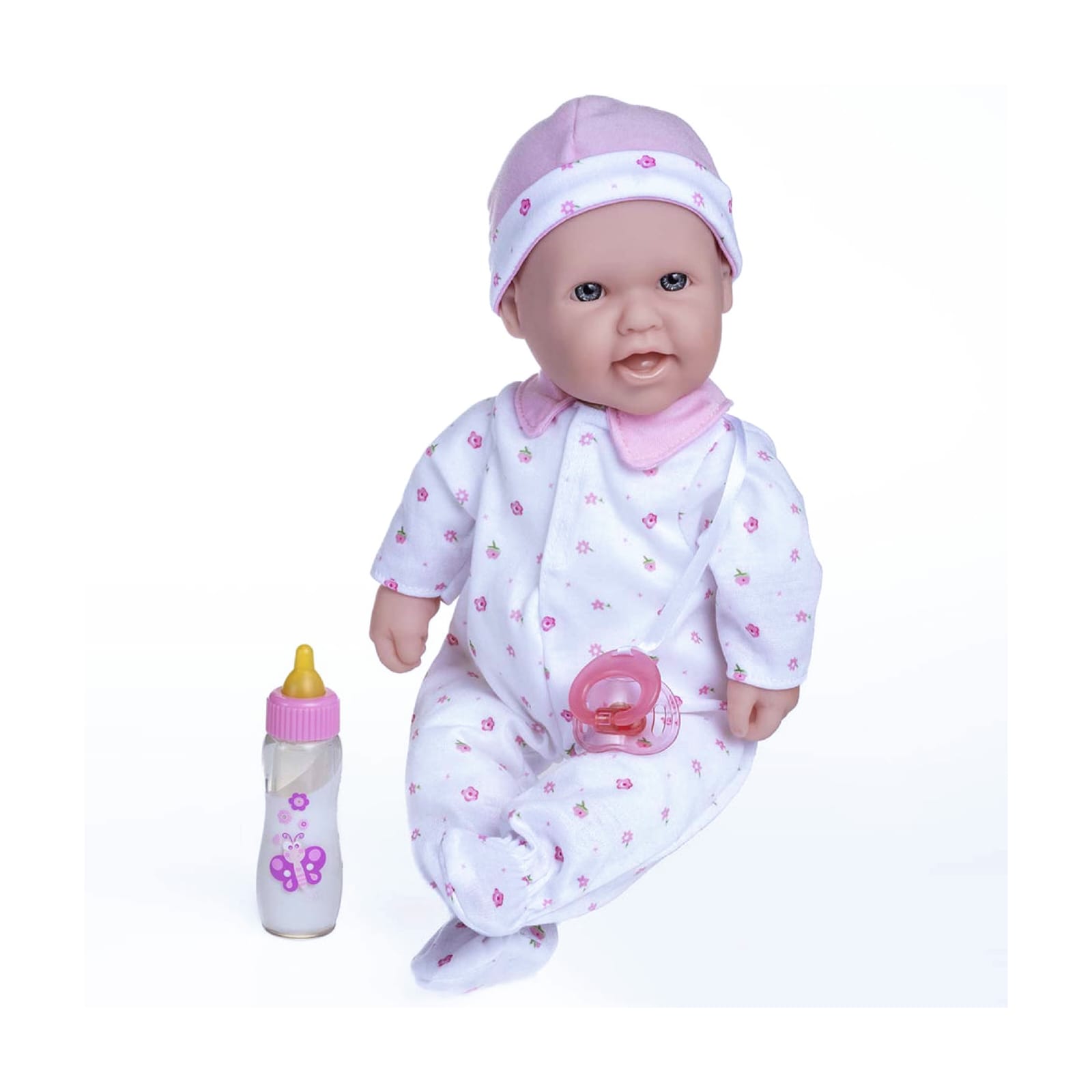 Boneca La Baby rosa 40 cm Boneca bebé com pijama branco e flores rosa, chupeta rosa e mamadeira com borboleta roxa