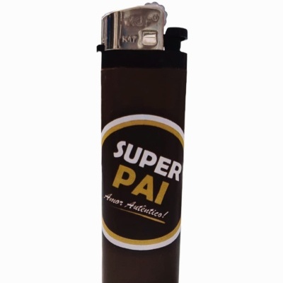 Isqueiro preto com texto Super Pai e Amor Autêntico