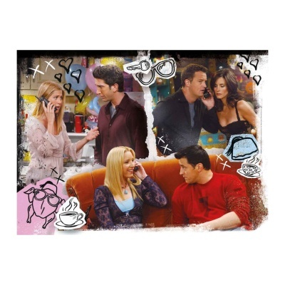 Cena de Friends com personagens em apartamento colorido e ilustrações de café e óculos