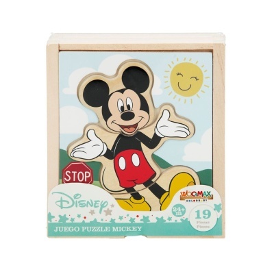 Puzzle de madeira de Mickey Mouse com 19 peças coloridas em caixa de madeira.