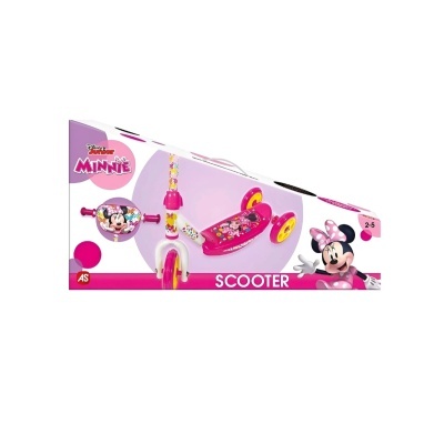Patinete infantil rosa da Minnie em embalagem com texto e imagem da personagem