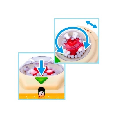 Máquina de bingo amarela com bolas brancas numeradas no interior e painel com número 26