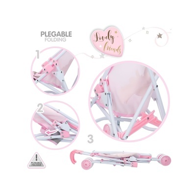 Cadeira dobrável infantil rosa com texto instrucional e design Lovely Friends.