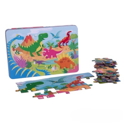 Quebra-cabeças infantil de dinossauros coloridos com caixa metálica