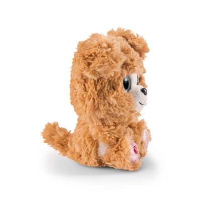 Pelúcia de cão castanha com olhos grandes e focinho branco