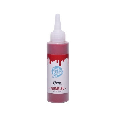 Frasco plástico com tinta vermelha e rótulo 'Just for Love Drip VERMELHO'