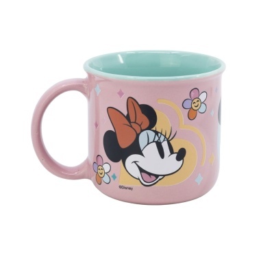 Caneca rosa com interior azul claro e estampa da Minnie da Disney e flores sorridentes