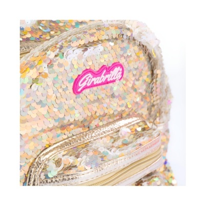 Mochila com lantejoulas douradas, bolso transparente e etiqueta Girobitta