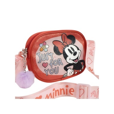 Mala pequena coral com imagem da Minnie Mouse e alça rosa com texto minnie.