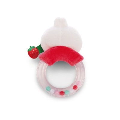 Chocalho de bebé com argola transparente e parte superior de tecido macio com forma branca, detalhe vermelho e morango verde