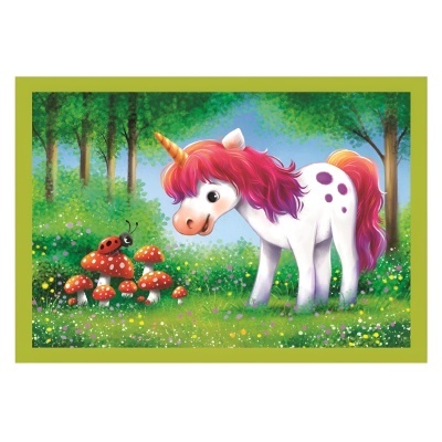 Ilustração de unicórnio branco com crina rosa e roxa a observar joaninha em campo florido