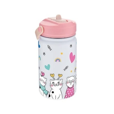 Garrafa infantil branca com desenhos de gatos e tampa rosa.