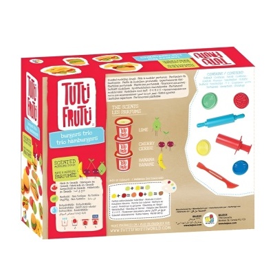 Embalagem Tutti Frutti burgers trio com acessórios e imagens coloridas de frutas e hambúrgueres.
