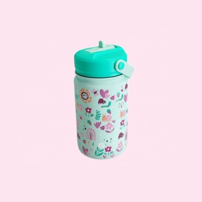 Garrafa térmica infantil com palhinha Mint Flowers 330ml | Aurea Kids