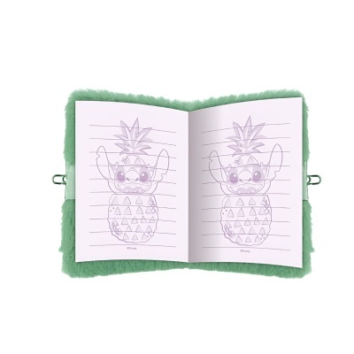 Caderno aberto com capa verde felpuda e páginas com desenho roxo