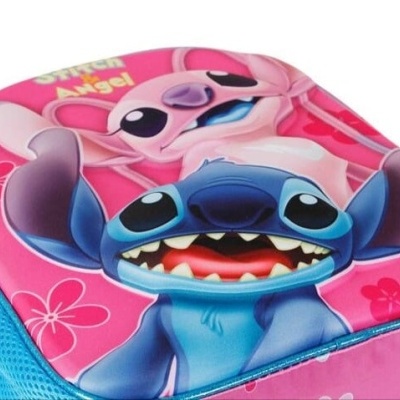 Estojo escolar rosa com personagens Stitch e Angel em tecido