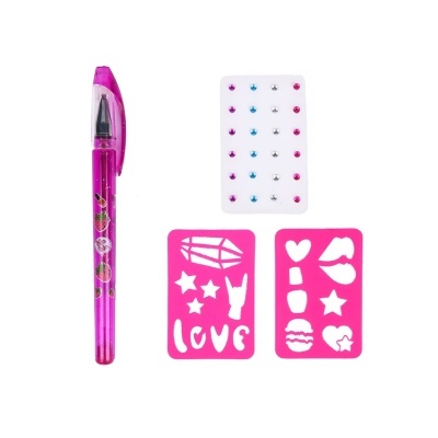 caneta cor-de-rosa translúcida, adesivos brilhantes coloridos e moldes rosa com formatos diversos