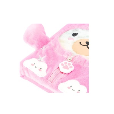 Casaco rosa felpudo com capuz de animal e fecho com pendente de pata