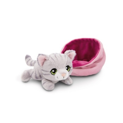 Pelúcia de gato cinzento com cama cor-de-rosa