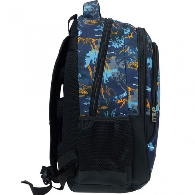 Mochila azul com padrão de dinossauros e detalhes pretos