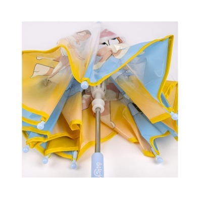 Guarda-chuva infantil transparente com bordas amarelas e azuis e cabo azul claro