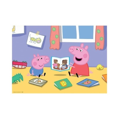 Cena de desenhos animados com duas personagens porcas a ler livros numa sala colorida.