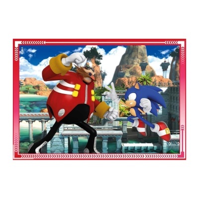 Ilustração de Sonic e um homem de casaco vermelho em cenário com colunas e montanhas