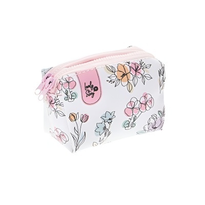 Necessaire branca com padrão floral colorido e fecho rosa