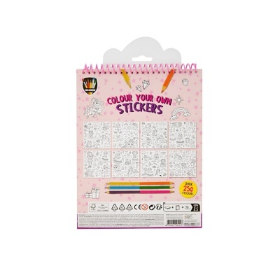 Bloco para colorir autocolantes com capa rosa e lápis de cor