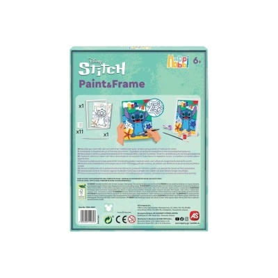 Caixa do produto Disney Stitch Paint & Frame com ilustração de Stitch e fundo azul-turquesa.