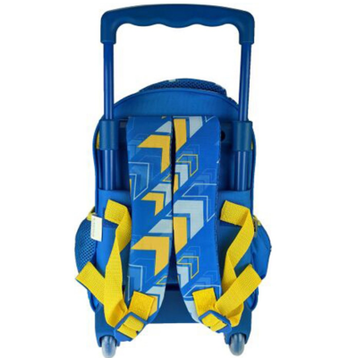 Mala de rodinhas azul com correias amarelas e padrão geométrico